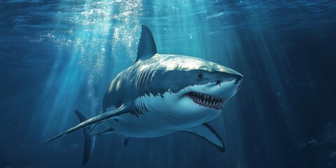 Fototapeta premium Underwater encounter with a Great White Shark, showcasing the majestic beauty and power of the Great White Shark in its natural habitat, highlighting the stunning underwater world.
