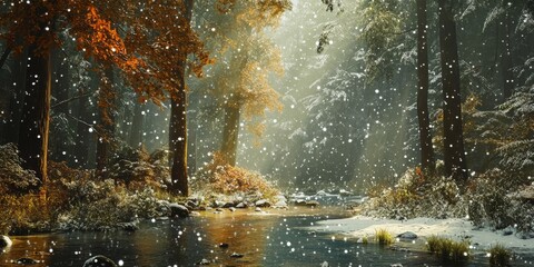 Fototapeta premium Gentle falling snow creates a serene atmosphere in the lush forest backdrop, enhancing the beauty of nature with the captivating scene of falling snow and the vibrant forest.