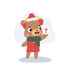cute bear cartoon with snowman in winter, adorable winter characters and snow scene
