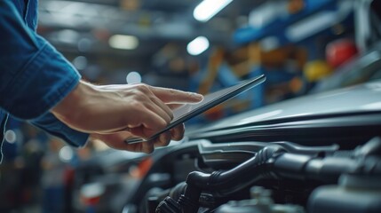Mechanic uses tablet to diagnose car engine problems analyze check and fix in showroom