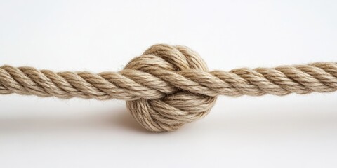 String knotted on a white background showcases the intricate design and texture of the string, highlighting its unique features and elegant appearance. The string creates an interesting visual impact.