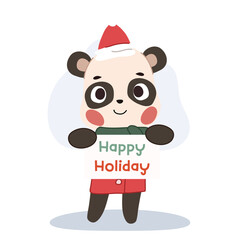 Adorable cartoon panda dressed in a festive Christmas costume, holding a 