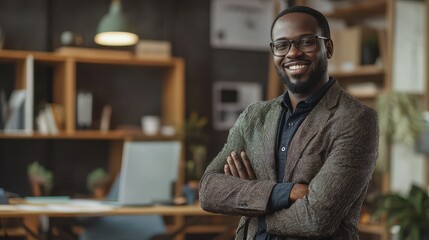 Fototapeta premium Confident Professional Portrait: A successful Black businessman smiles confidently with arms crossed in a modern office setting. The image evokes professionalism, success, and ambition. 
