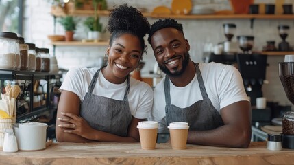Fototapeta premium Happy African American couple of cafe owners in aprons using table, copy space. Lifestyle, coffee, communication, own business and local business