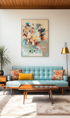Mid Century Modern Living Room Teal Sofa Abstract Art Coffee Table