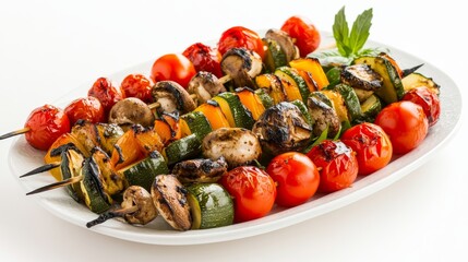 A plate of grilled vegetable kebabs featuring bell peppers, zucchini, cherry tomatoes