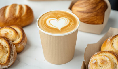 Coffee barista and bakery. Minimalist latte preparation with heart design and fresh pastries
