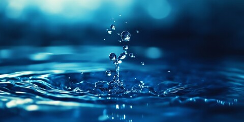 Macro shot showcasing falling drops of pure blue water, highlighting the intricate details of the blue water droplets as they cascade, emphasizing the beauty of pure blue water in nature.