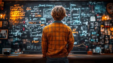 Young Person Observing Chalkboard Full of Notes
