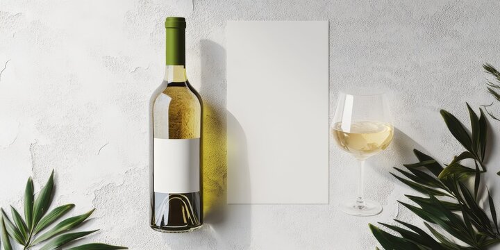 A clear wine bottle featuring a green cap rests on a textured white table alongside a glass of white wine and a blank paper, creating an ideal wine theme mockup for branding purposes.