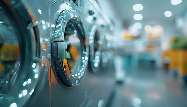 Industrial laundry machines in laundromat.