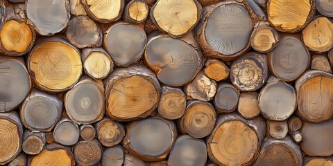Fototapeta premium Wood texture background features a variety of logs sourced from both large and small trees, highlighting the unique patterns and colors in this captivating wood texture background.