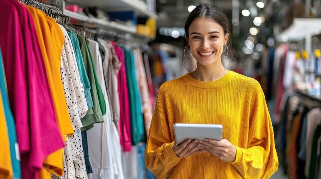 Happy woman, fashion designer and tablet in logistics or small business management at boutique. Female person or entrepreneur smile with technology in supply chain, stock or shipping at retail store