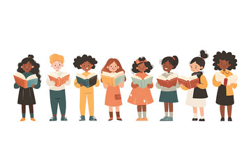 Obraz premium A diverse group of children joyfully reading books together.