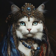 A cat in ornate jewelry and a blue robe.