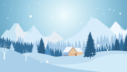 Home House in the Middle of Forest with Winter Snow Mountain in Bright Sky © jongjawi