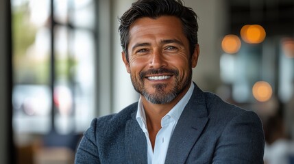 Obraz premium Confident Latin businessman with arms crossed, smiling against a white background.