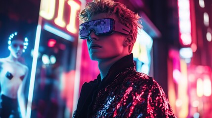 Obraz premium Neon City Cyberpunk: Futuristic Fashion in a Vibrant Metropolis