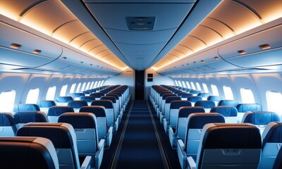 Fototapeta premium Modern airplane interior with rows of empty seats and soft lighting