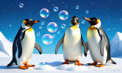 Fototapeta premium Playful penguins with bubbles in a snowy arctic scene