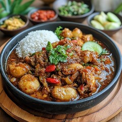 Fototapeta premium Steaming rice with spicy meat and vegetables.