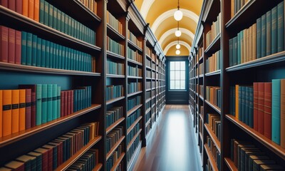 Serene library aisle with arched ceiling and symmetrical bookshelves