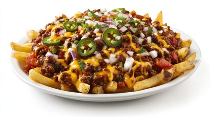 A plate of loaded chili cheese fries with crispy fries, beef chili, melted cheese