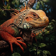 Fototapeta premium A colorful iguana on a green leafy branch.