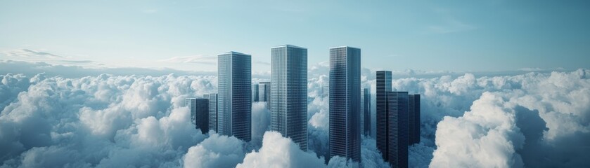 Obraz premium Modern skyscrapers rising above clouds, showcasing urban architecture in a serene sky.
