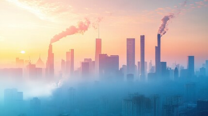 Fototapeta premium A city skyline at sunrise, shrouded in fog with smokestacks emitting pollution, highlighting urban development and environmental challenges.