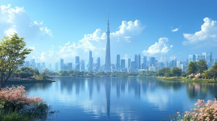 Naklejka premium A vibrant city skyline reflected in a serene lake under a blue sky.