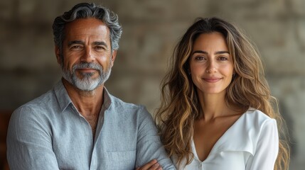 Portrait of two confident, mature businesspeople, a Latin man and a European woman, standing with arms crossed against a beige background.