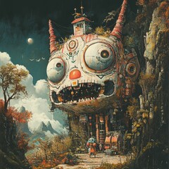 Obraz premium A monstrous machine-creature in a mystical forest.