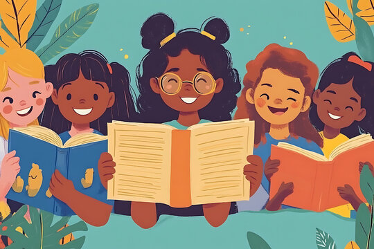 A group of diverse children joyfully reading books together.
