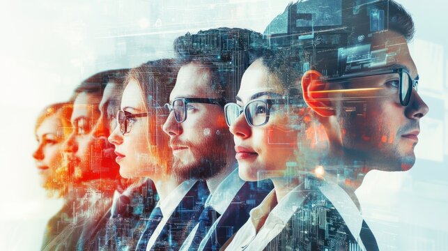 Virtual social network concept with group of business people on abstract digital bright technology background, double exposure