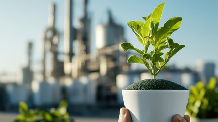 A green plant in a white pot is held in front of an industrial backdrop, symbolizing the intersection of nature and industry.