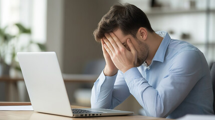 Argh, don't remember it. Side profile view angry ashamed guy slaps face sitting at office desk with laptop. Businessman makes stupid mistake online, forgets password, fails to fix computer malfunction