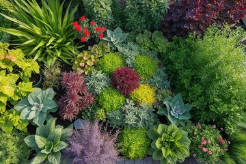 Aerial Perspective of a Lush Vibrant Garden Featuring Colorful Plants and Abundant Greenery