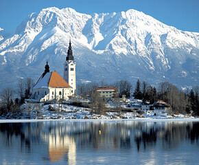 Church on an island on a lake in the mountains. AI generative.