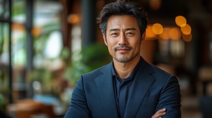 Asian businessman standing confidently in a bright office setting.