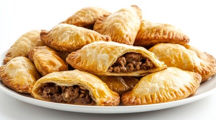 A plate of savory empanadas with a flaky pastry crust and a variety of fillings such as beef, chicken, and cheese