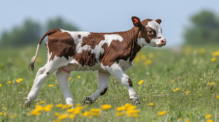 playful baby cow walking through field of flowers, enjoying nature