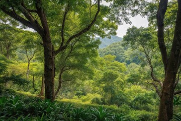 Fototapeta premium Thriving Forests with Green Trees and Foliage in a Lush Natural Landscape