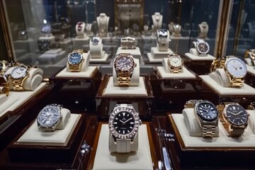 Luxury Wristwatches Displayed in an Upscale Jewelry Store