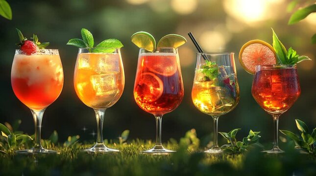 Row of glasses filled with different types of fruit drinks.  lemonades and cocktails. Suitable for beverage concept