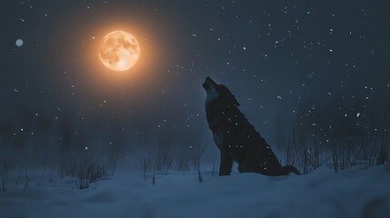 Obraz premium A wolf howls at the full moon in a snowy forest.