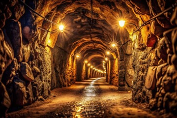 Obraz premium A Mysterious Dimly Lit Underground Tunnel with Rough Rock Walls and Glowing Overhead Lights Creating a Bokeh Effect for a Captivating Nighttime Atmosphere