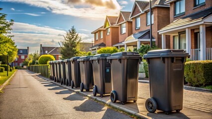A Row of Black Wheelie Bins Ready for Collection on a Quiet Residential Street, Showcasing Urban Waste Management and Environmental Awareness in Daily Life