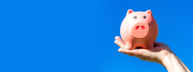 Girl holding piggy Bank against the background of The blue sky
