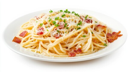 A plate of spaghetti carbonara with crispy bacon, creamy egg sauce, and grated Parmesan cheese